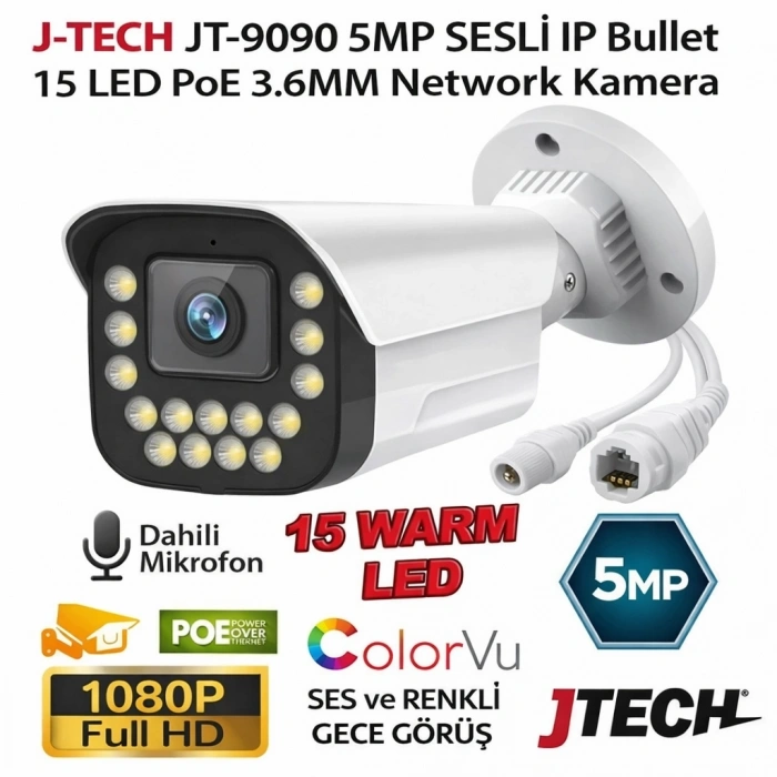 J-TECH 5MP Sesli 9090 iP Renkli Gece Görüşlü 8 Li 500GB Akıllı Güvenlik Kamera Seti – Yüz ve Araç Tanıma