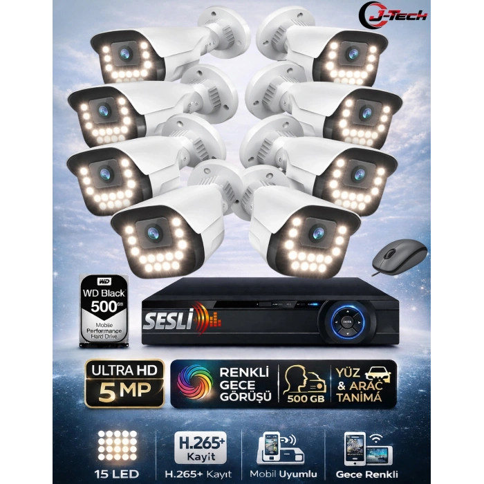 J-TECH 5MP Sesli 9090 iP Renkli Gece Görüşlü 8 Li 500GB Akıllı Güvenlik Kamera Seti – Yüz ve Araç Tanıma