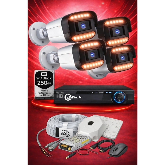 J-TECH 5MP 7070 Renkli Gece Görüşlü 4 Lü Akıllı Güvenlik Kamera Seti – Yüz ve Araç Tanıma