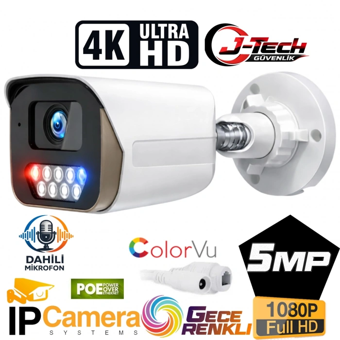 J-TECH JT-112 5MP PoE Sesli IP Bullet Metal Güvenlik Kamerası Çakar LED