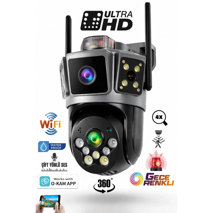 S7-G O-KAM PRO APP 3+3MP Çift Kamera Sirenli PTZ Kablosuz Wifi IP Sesli Kamera