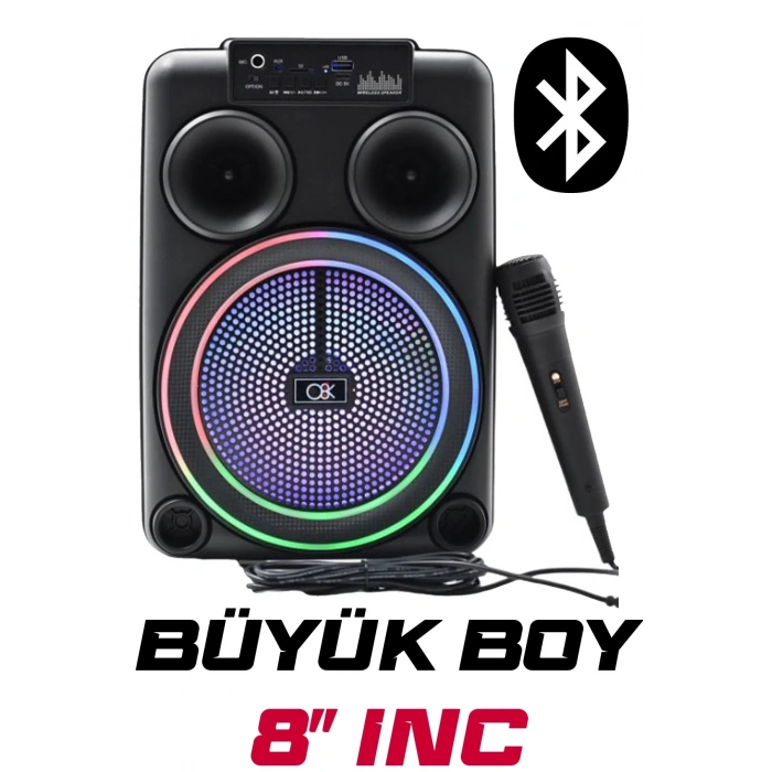 Platoon PL-8108 BT USB SD AUX 8 İNÇ Mikrofonlu Anfi Yüksek SES Taşınabilir RGB Işıklı Hoparlör