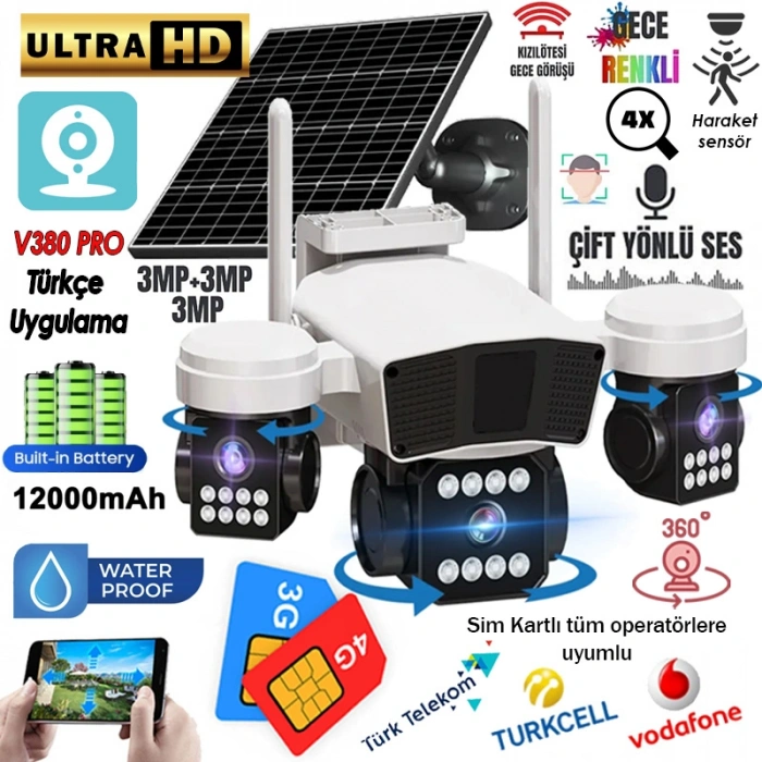 V380 PRO RX-95G 9MP (3+3+3) 3 Kameralı UltraHD 4G Güneş Enerjili Akıllı Güvenlik Kamerası