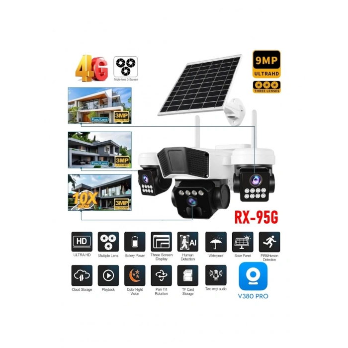 V380 PRO RX-95G 9MP (3+3+3) 3 Kameralı UltraHD 4G Güneş Enerjili Akıllı Güvenlik Kamerası