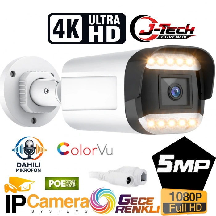 J-TECH JT-9070 5MP Sesli IP Bullet Kamera | PoE | 12 LED | 3.6mm | Gece-Gündüz Renkli