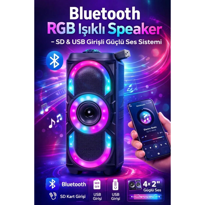 PL-4525 Bluetooth RGB Işıklı Speaker 4x2” – SD & USB Girişli Güçlü Ses Sistemi