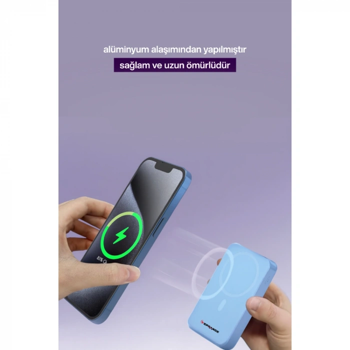 SPRANGE SR-P26M 10000mAh Magsafe Powerbank 15W Kablosuz, 20W PD, LCD Ekranlı, Standlı (Mavi)