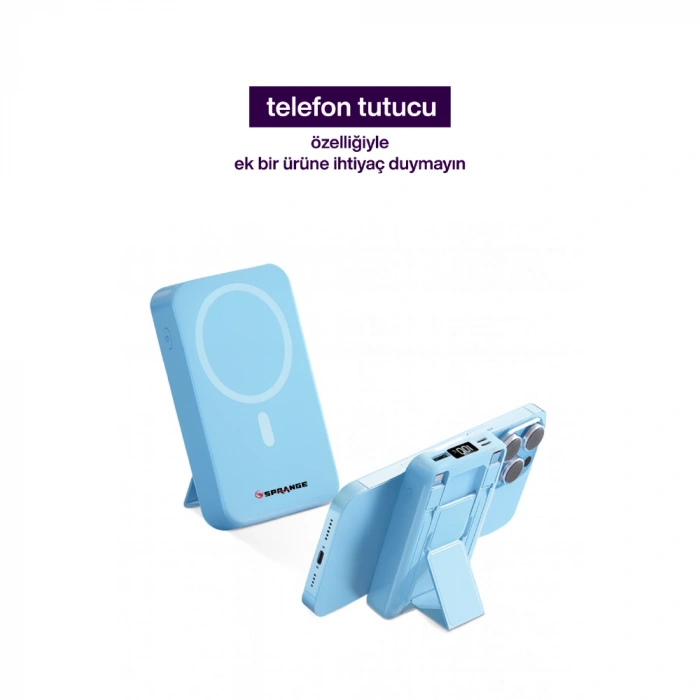 SPRANGE SR-P26M 10000mAh Magsafe Powerbank 15W Kablosuz, 20W PD, LCD Ekranlı, Standlı (Mavi)