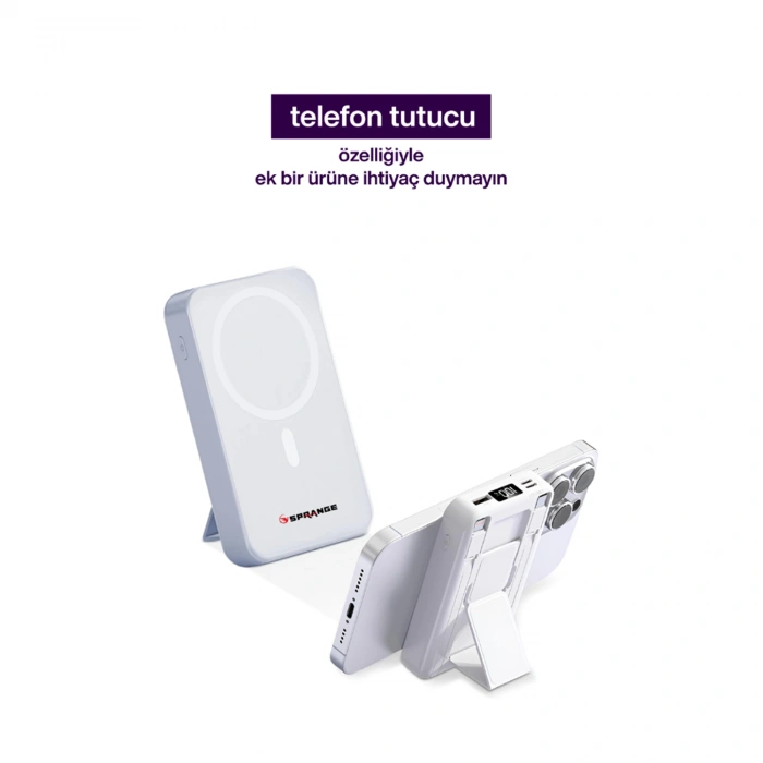 SPRANGE SR-P28M 12000mAh Magsafe Powerbank 15W Kablosuz Şarj, 20W PD Hızlı Şarj, LCD Ekranlı, Standlı