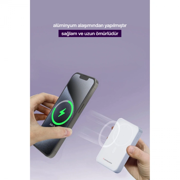 SPRANGE SR-P28M 12000mAh Magsafe Powerbank 15W Kablosuz Şarj, 20W PD Hızlı Şarj, LCD Ekranlı, Standlı