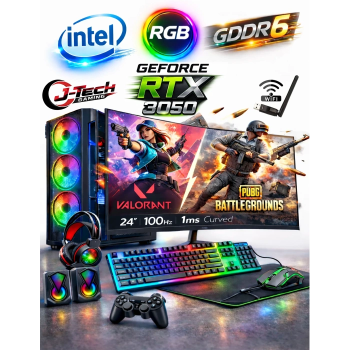 J-TECH RefleX i5 9400 16GB RAM 500HDD+256GB SSD GDDR6 RTX3050 24 Curved Gaming Oyuncu Bilgisayar