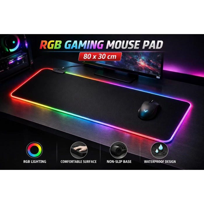 80x30 cm RGB Işıklı Gaming Mouse Pad Büyük Boy Kaymaz Taban LED Işıklı Siyah Mousepad