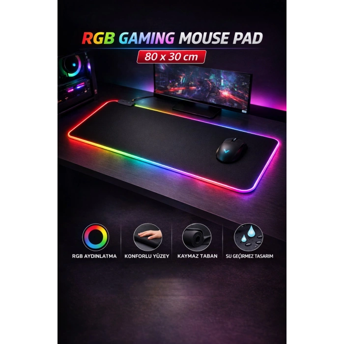 80x30 cm RGB Işıklı Gaming Mouse Pad Büyük Boy Kaymaz Taban LED Işıklı Siyah Mousepad