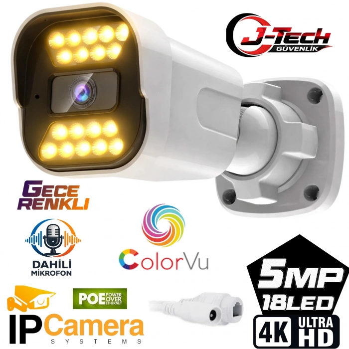 J-TECH JT-1818 UltraHD 5MP Sesli IP Bullet Kamera | PoE | 18 LED | 3.6mm | Gece-Gündüz Renkli