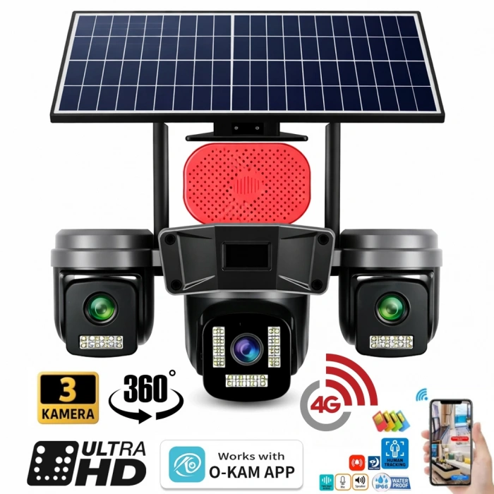 İronix TP-16 4G Sim Kartlı 4K 9MP Solar Güvenlik Kamerası – 3 Kameralı 360° Görüş Sirenli