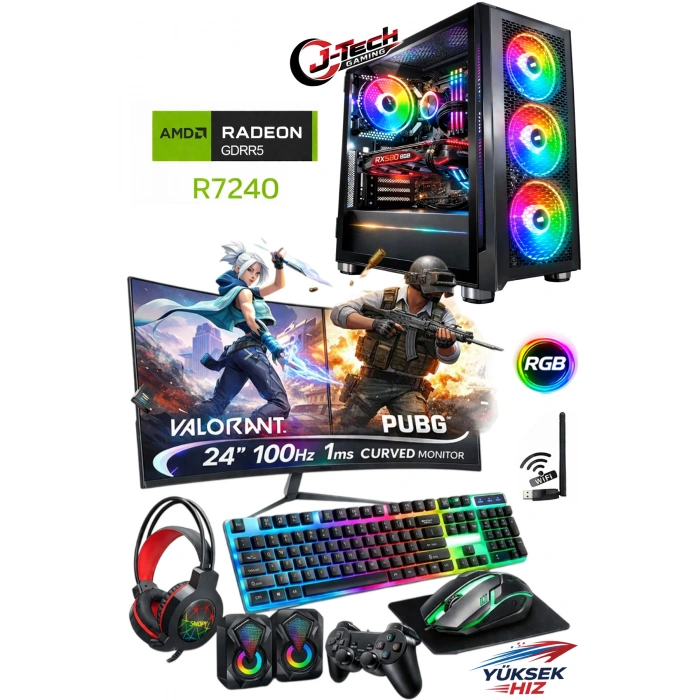 J-TECH Dream i5-3470 3.60GHz 16GB RAM 256GB SSD GDDR5 R7240 4GB 24 Curved Gaming Oyuncu Bilgisayarı