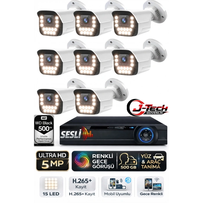 J-TECH 5MP Sesli 9090 iP Renkli Gece Görüşlü 8 Li 500GB Akıllı Güvenlik Kamera Seti – Yüz ve Araç Tanıma