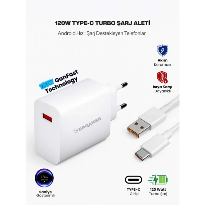 Sprange PTX-120 120W Turbo Şarj- USB-C Data & Şarj Kablo