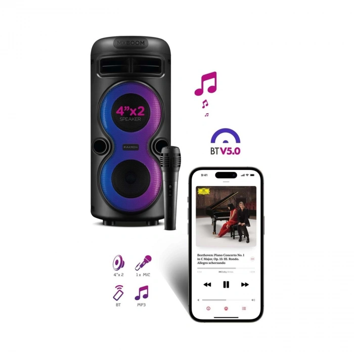 Maxron Mxboom BT USB SD AUX 8 İNÇ Mikrofonlu Anfi Yüksek SES Taşınabilir RGB Işıklı Hoparlör