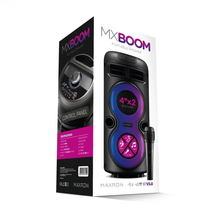 Maxron Mxboom BT USB SD AUX 8 İNÇ Mikrofonlu Anfi Yüksek SES Taşınabilir RGB Işıklı Hoparlör