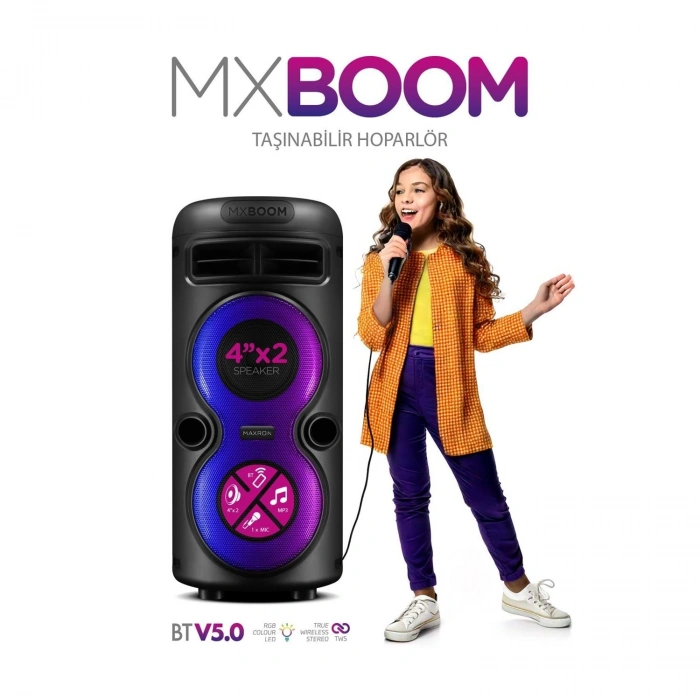 Maxron Mxboom BT USB SD AUX 8 İNÇ Mikrofonlu Anfi Yüksek SES Taşınabilir RGB Işıklı Hoparlör