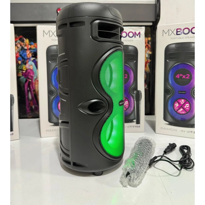 Maxron Mxboom BT USB SD AUX 8 İNÇ Mikrofonlu Anfi Yüksek SES Taşınabilir RGB Işıklı Hoparlör