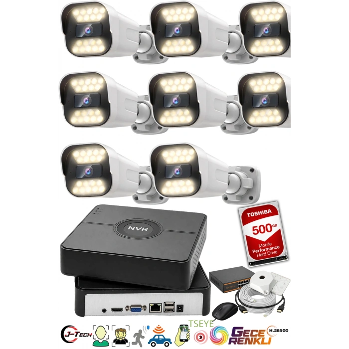 J-TECH 5MP Sesli 1818 iP Renkli Gece Görüşlü 8 Li 500GB Akıllı Güvenlik Kamera Seti – Yüz ve Araç Tanıma
