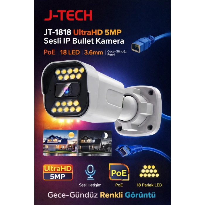 J-TECH 5MP Sesli 1818 iP Renkli Gece Görüşlü 8 Li 500GB Akıllı Güvenlik Kamera Seti – Yüz ve Araç Tanıma