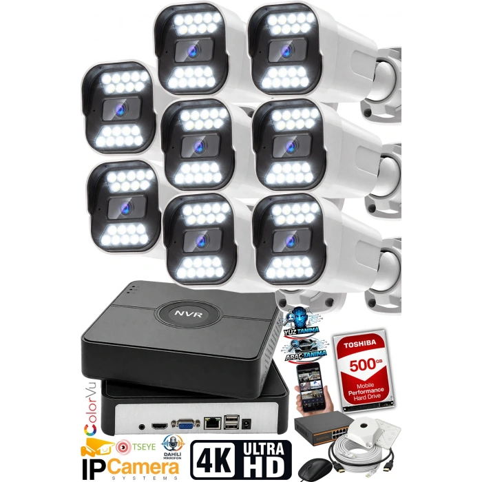 J-TECH 5MP Sesli 1818 iP Renkli Gece Görüşlü 8 Li 500GB Akıllı Güvenlik Kamera Seti – Yüz ve Araç Tanıma