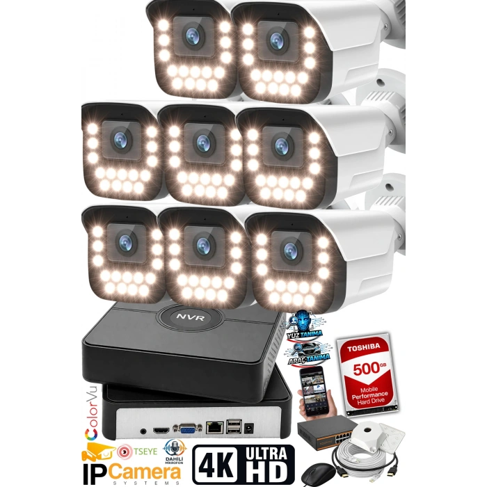 J-TECH 5MP Sesli 9090 iP Renkli Gece Görüşlü 8 Li 500GB Akıllı Güvenlik Kamera Seti – Yüz ve Araç Tanıma