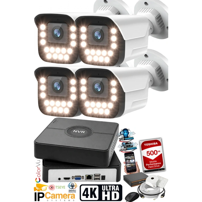J-TECH 5MP IP Sesli Renkli Gece Görüşlü 4 Lü Akıllı Güvenlik Kamera Seti – Yüz ve Araç Tanıma