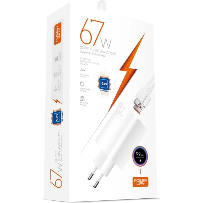 Powerway M67S Set Süper Turbo 67W Hızlı Şarj Adaptörü Gan Teknoloji USB Şarj Başlığı Ekstra Kablolu