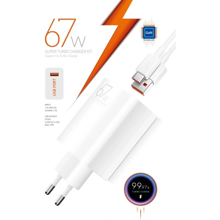 Powerway M67S Set Süper Turbo 67W Hızlı Şarj Adaptörü Gan Teknoloji USB Şarj Başlığı Ekstra Kablolu