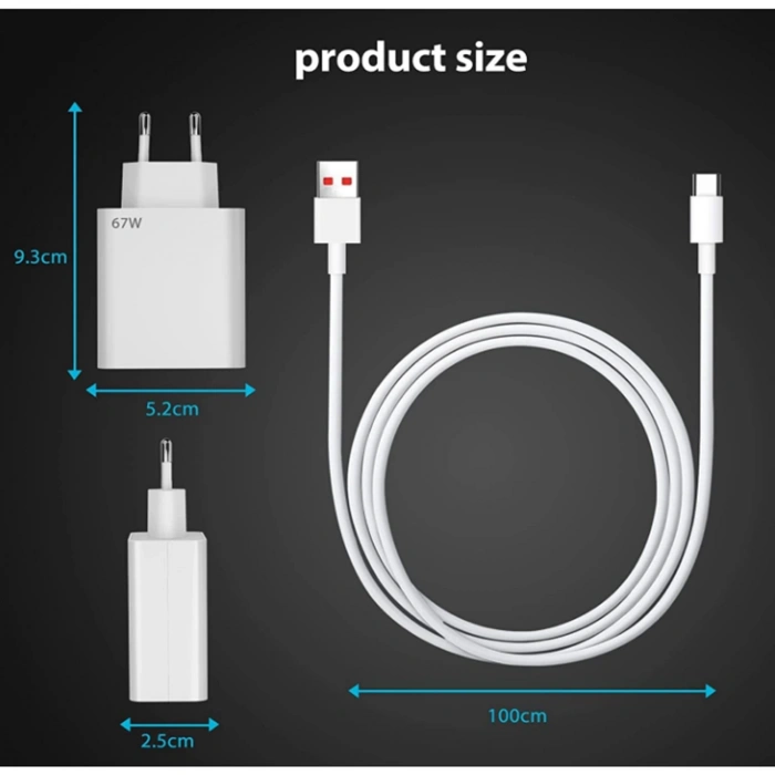 Powerway M67S Set Süper Turbo 67W Hızlı Şarj Adaptörü Gan Teknoloji USB Şarj Başlığı Ekstra Kablolu