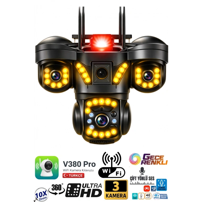 V380 PRO 3 Kamera 10X Zoom 4K PTZ IP Sesli Sirenli WiFi Akıllı Güvenlik Kamera ( 3+3+3 MP )