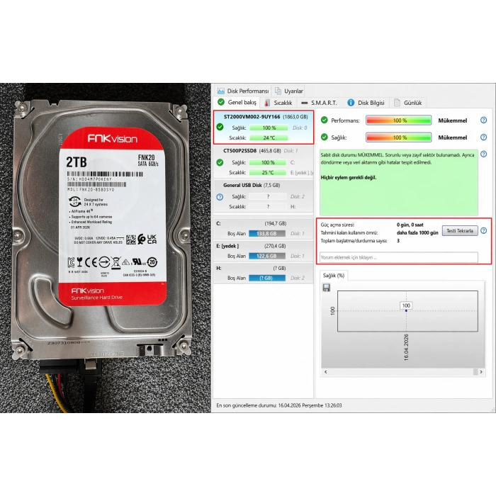 2TB 7/24 5400RPM 3.5 SATA 3 6Gbit/s 64MB Güvenlik Diski Harddisk (FNKVİSİON FNK20)