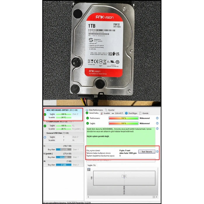 1TB 7/24 5400RPM 3.5 SATA 3 6Gbit/s 64MB Güvenlik Diski Harddisk (FNKVİSİON FNK10)
