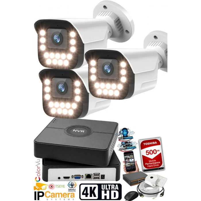 J-TECH 5MP Sesli 3 Lü 9090 iP Renkli Gece Görüşlü 500GB Akıllı Güvenlik Kamera Seti – Yüz ve Araç Tanıma