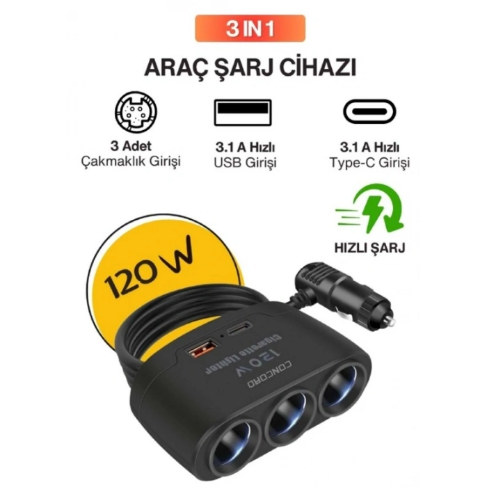 Concord C-778 120W 3 Port Çakmaklık 1 Usb ve Type-C Araç içi Çoklayıcı Hub