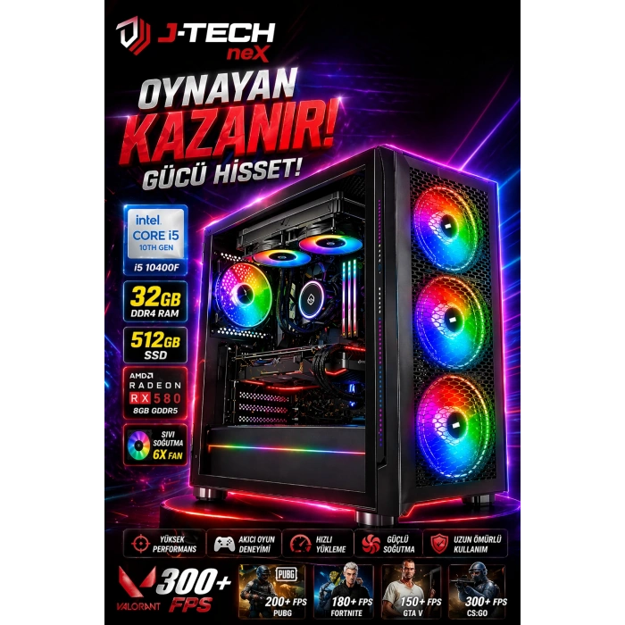 J-TECH neX i5 10400F | 32GB RAM | 512GB SSD | RX580 8GB | SIVI Soğutma 6X Fan | Oyuncu Gaming Bilgisayar