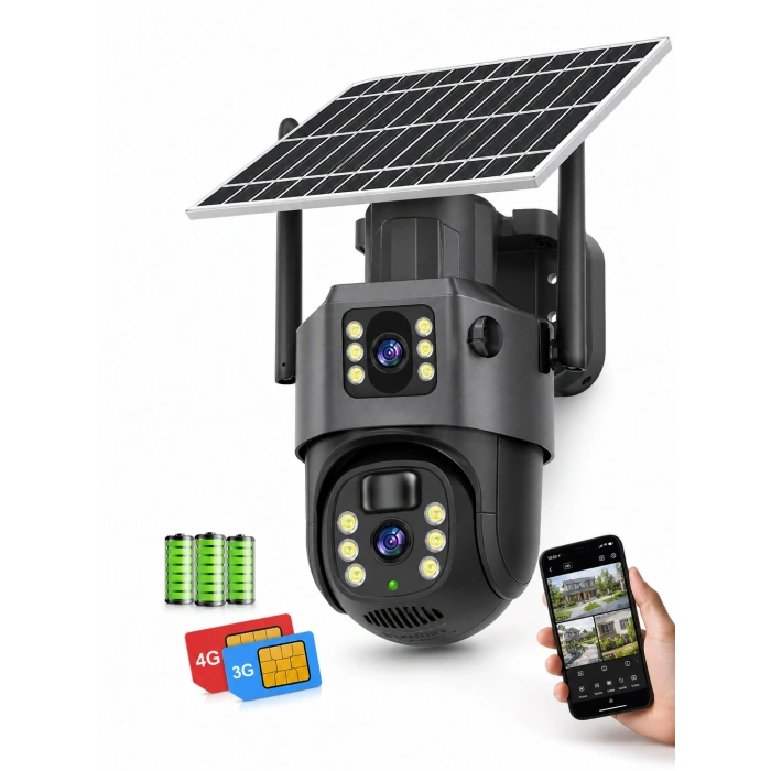 MPIA MIKA-4G 3+3MP 4K 4G Sim Kartlı Güneş Panel Dual Lens Solar 12000mAH Alarmlı Mikrofon 360 PTZ Türkçe Uygulama Güvenlik Kamera
