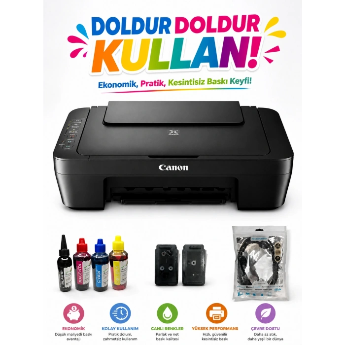 Canon Pixma E414 Fotokopi + Tarayıcı Çok Fonksiyonlu Yazıcı ( Dolan Kartuşlu )