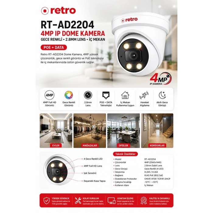 Retro RT-AD2204 4MP IP Poe 2.8MM Gece Renkli iç Mekan Dome Kamera