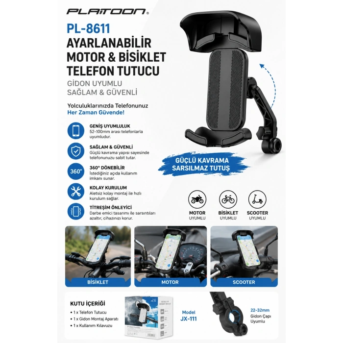 Platoon PL-8611 Ayarlanabilir Motor ve Bisiklet Telefon Tutucu Gidon Uyumlu Sağlam ve Güvenli