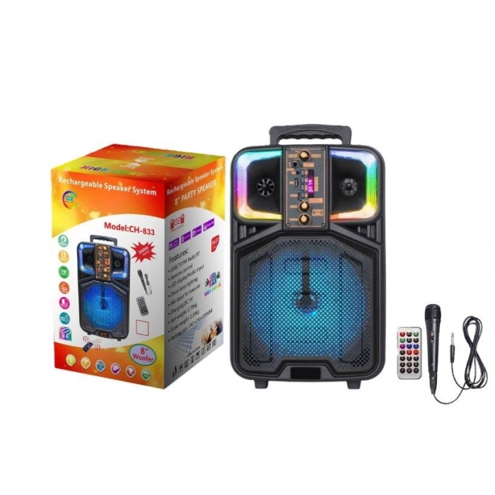 Platoon PL-4684 BT USB SD AUX 8 İNÇ Mikrofonlu Anfi Yüksek SES Taşınabilir RGB Işıklı Hoparlör
