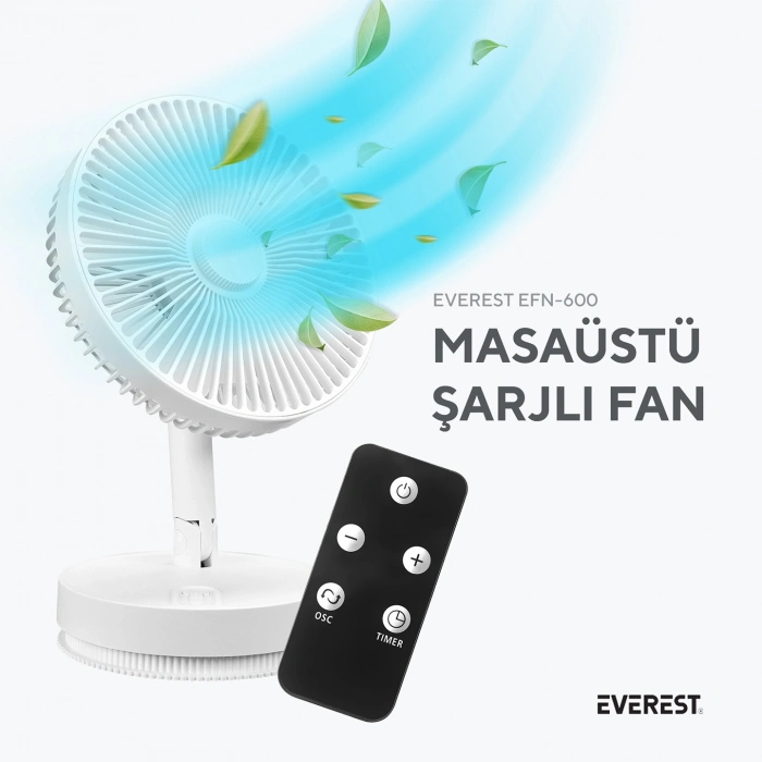Everest EFN-600 Beyaz 2000mAh 8 Inch 4 Kademeli 1500RPM Hız Katlanabilir Masaüstü Usb Fan