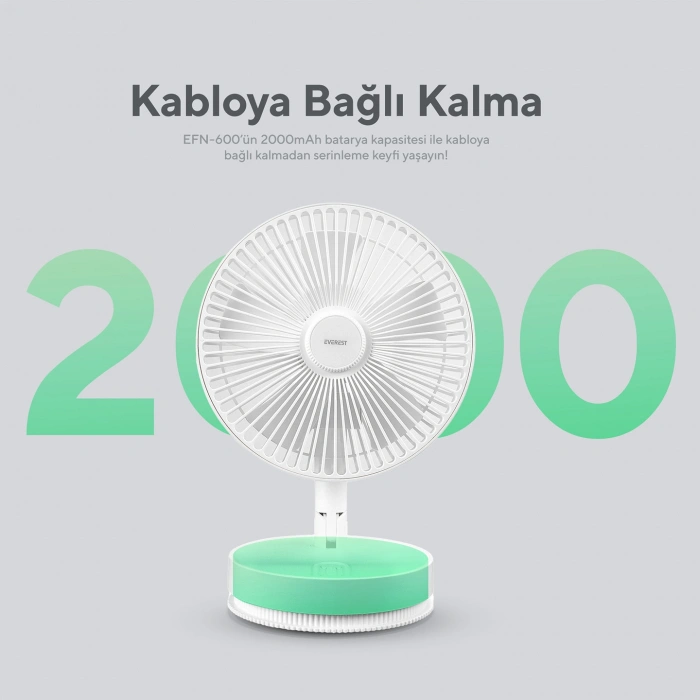 Everest EFN-600 Beyaz 2000mAh 8 Inch 4 Kademeli 1500RPM Hız Katlanabilir Masaüstü Usb Fan