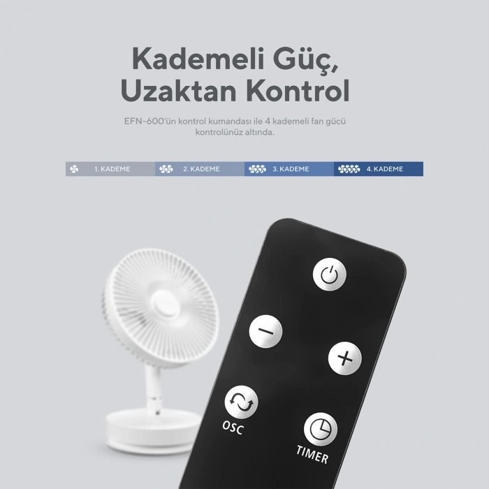 Everest EFN-600 Beyaz 2000mAh 8 Inch 4 Kademeli 1500RPM Hız Katlanabilir Masaüstü Usb Fan