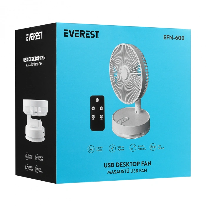 Everest EFN-600 Beyaz 2000mAh 8 Inch 4 Kademeli 1500RPM Hız Katlanabilir Masaüstü Usb Fan
