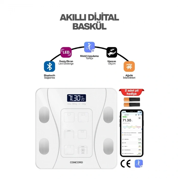 CONCORD C-W01 Akıllı Bluetooth Baskül Beyaz